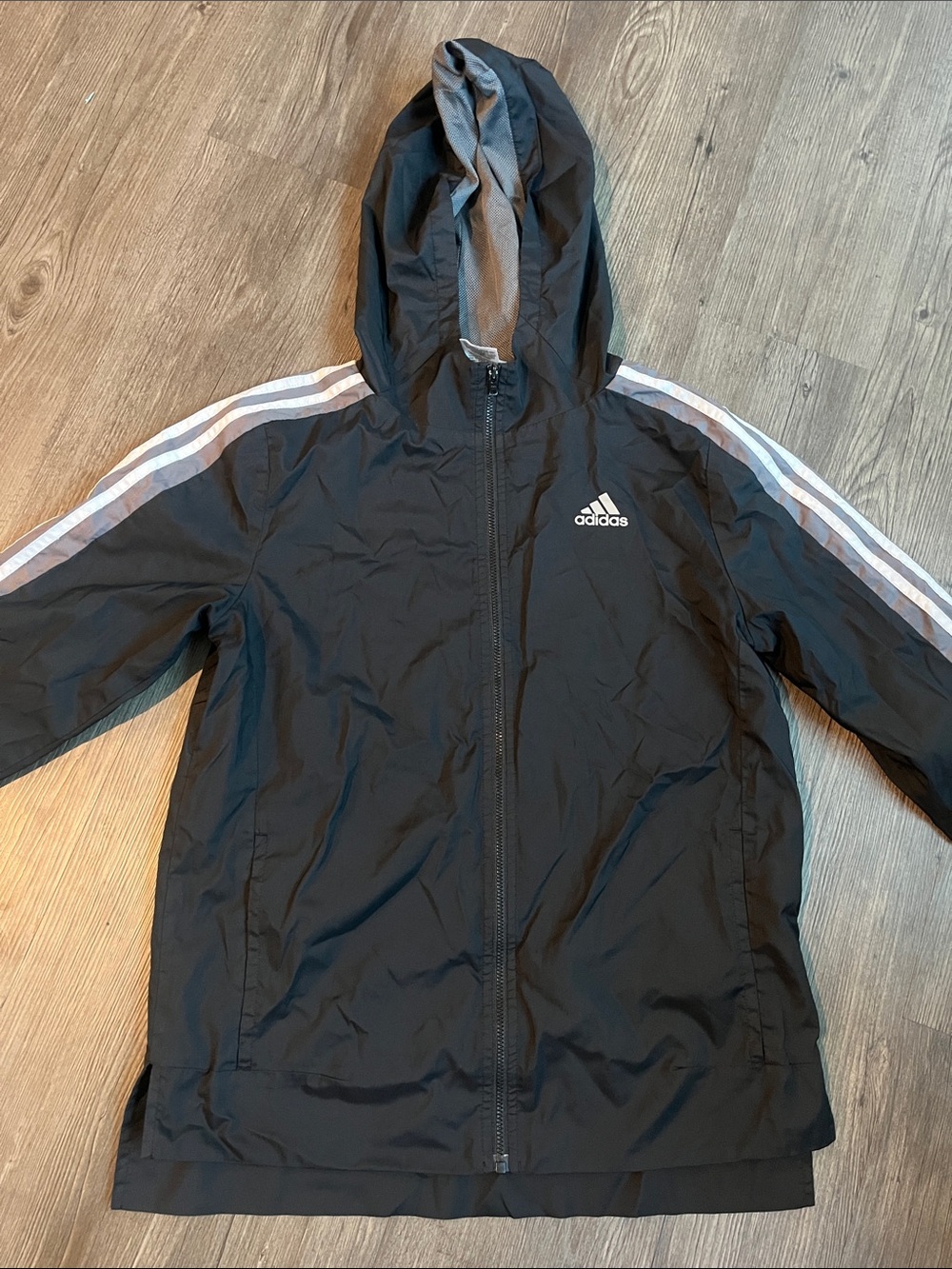ADIDAS Black Kids Hooded Rain Jacket with White Shoulder Stripes